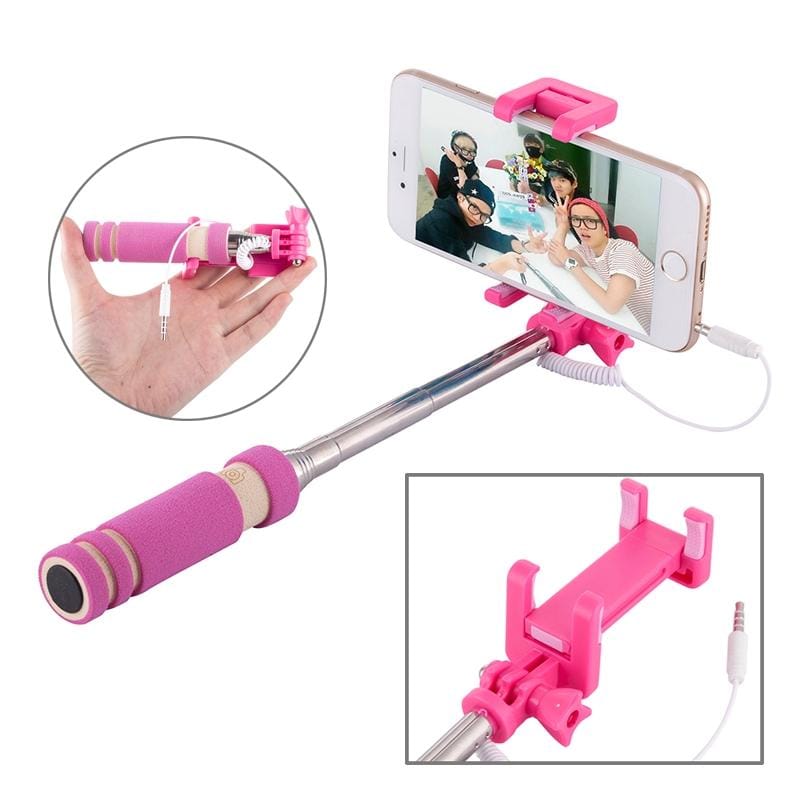 Mini Wire Controlled Selfie Stick Monopod Folding Extendable Pocket Handheld Holder for iOS & Android Phone, Folded Length: 13.5cm, Max Extension Length: 48.0cm (Magenta)