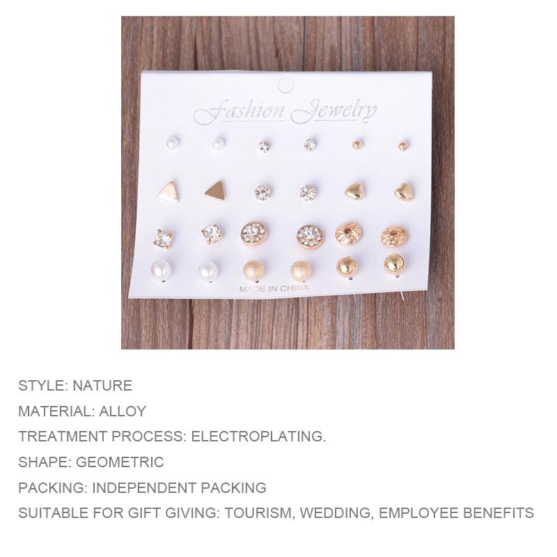 12 Pair Sets Assorted Multiple Stud Earrings Jewelry Set with Card for Women and Girls (Gold)