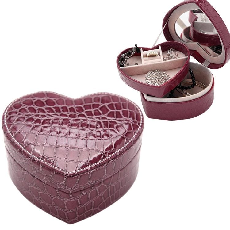 Two-layer Heart Shape Small Jewelry Box Synthetic Leather Rings and Earrings Mirrored Travel Storage Case (Purple)