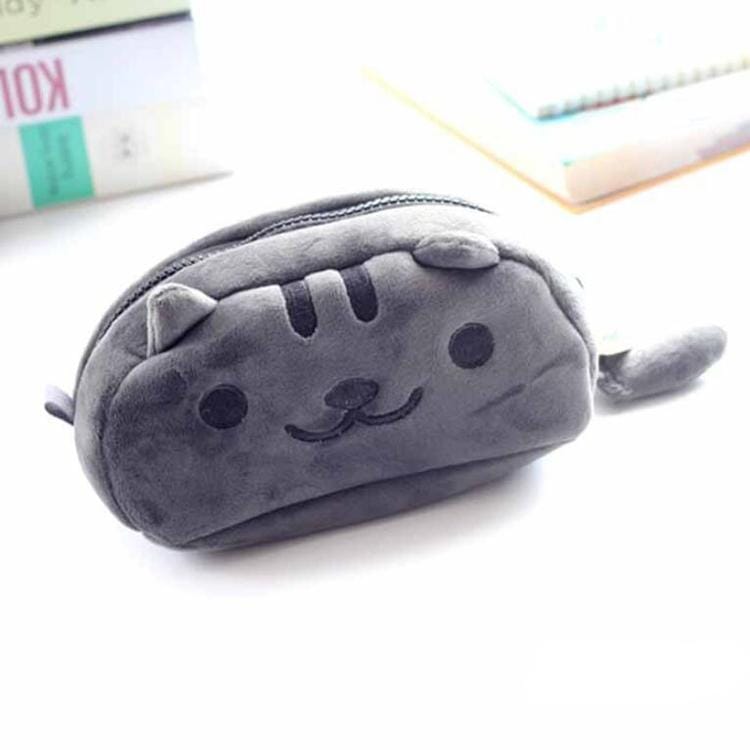 Cute Soft Short Plush Cat Makeup Bag Pen Bag Large Capacity Student Learning Pencil Case (Black and Grey)