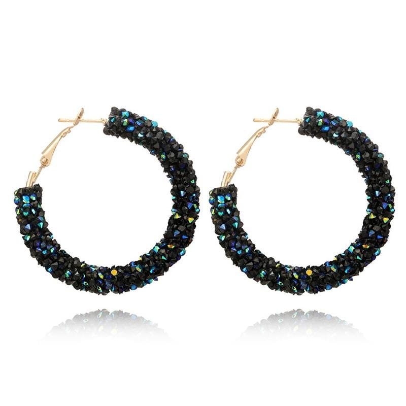 Women Crystal Hoop Earrings Geometric Round Shiny Rhinestone Big Earring Jewelry (Blue)