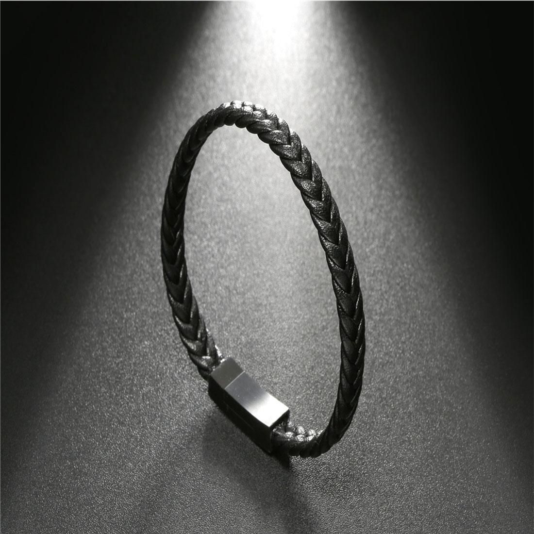 European and American Fashion Jewelry Men Cross Weave Style Leather Bracelet Classic Black Magnetic Buckle Bracelet