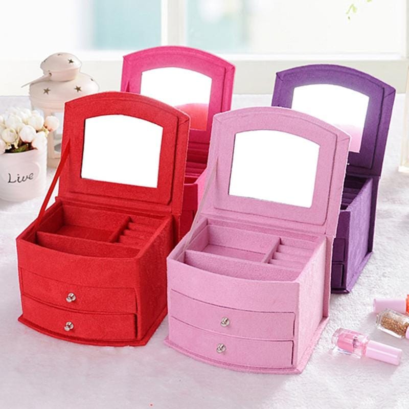 Velvet Three Layers Portable Multi-functional Necklace Rings Jewelry Boxes (Rose Red)