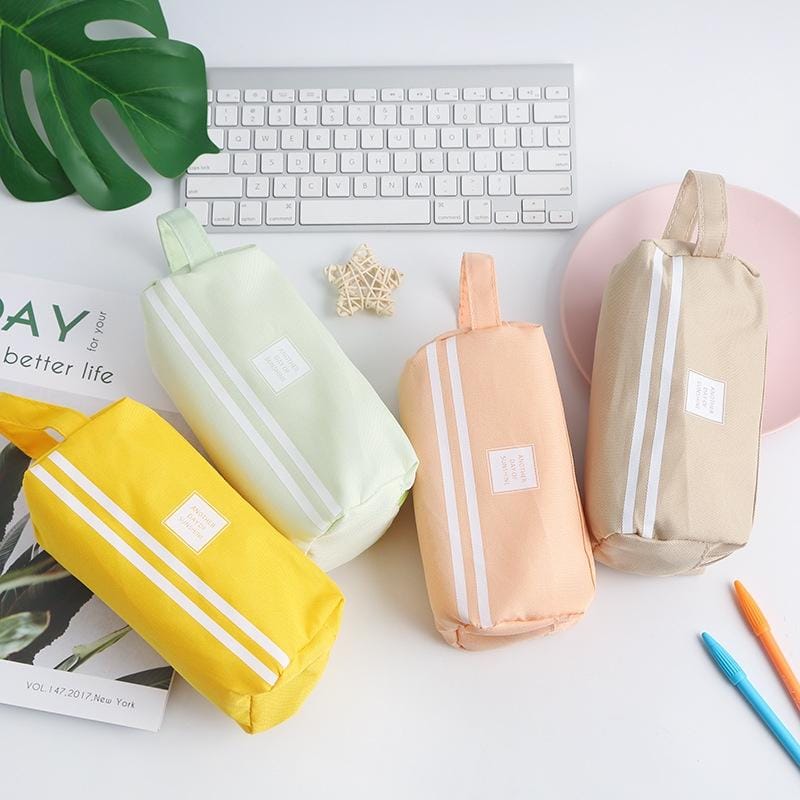 2 PCS Hand-Held Large Capacity Pen Bag Pure Color Double Zipper Pen Bag (Green)