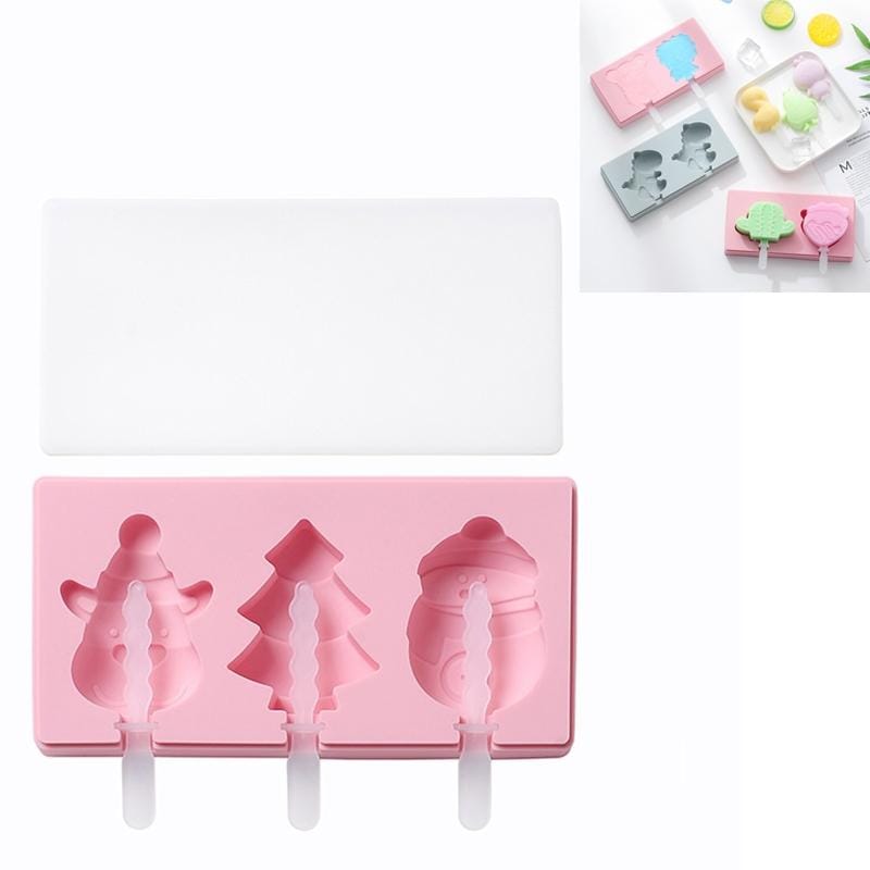 3 PCS Homemade Handmade DIY Cartoon Fruit with Lid Silicone Ice Cream Mold Making Ice Tray, Style:Snowman Reindeer (Pink)