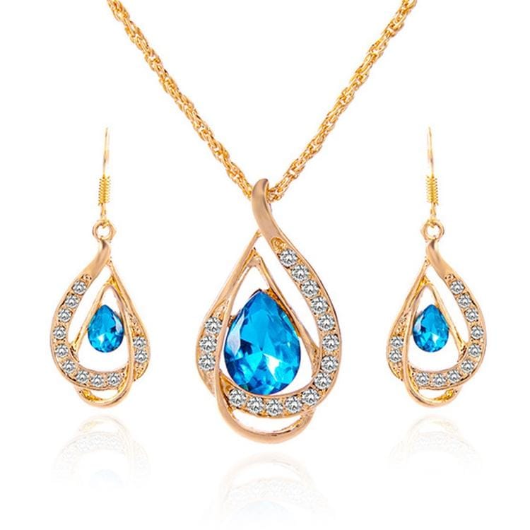 2 Sets Fashion Double Layer Water Drop Crystal Jewelry Sets for Women (Light Blue)