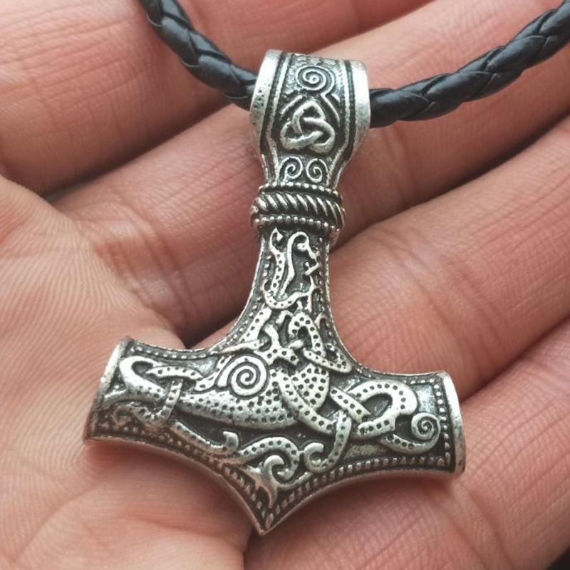 Mjolnir Pendant Viking Protective Talisman Hammer Necklace (Gun Black Leather Cord)