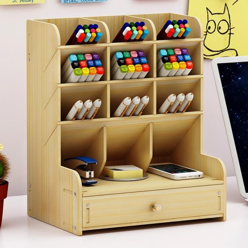 Children Student Multifunctional Wooden Desktop Storage Pen Holder Hand Account Tape Stationery (B11 White Maple)