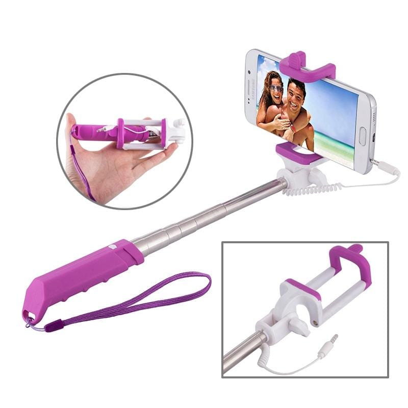 Portable Mini Wire Controlled Rainbow Selfie Stick Monopod Folding Extendable Pocket Handheld Holder for iOS & Android Phone, Folded Length: 15.5cm, Max Extension Length: 61.0cm (Purple)