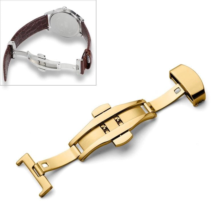 Watch Leather Wrist Strap Butterfly Buckle 316 Stainless Steel Double Snap, Size: 16mm (Gold)