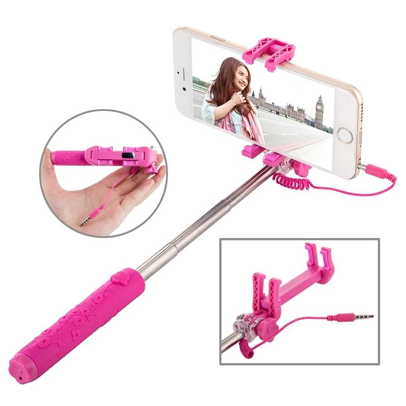 Portable Flower Pattern Wire Controlled Selfie Stick Monopod Folding Extendable Handheld Pocket Holder for iOS & Android Phone, Folded Length: 12.5cm, Max Extension Length: 70.0cm (Magenta)