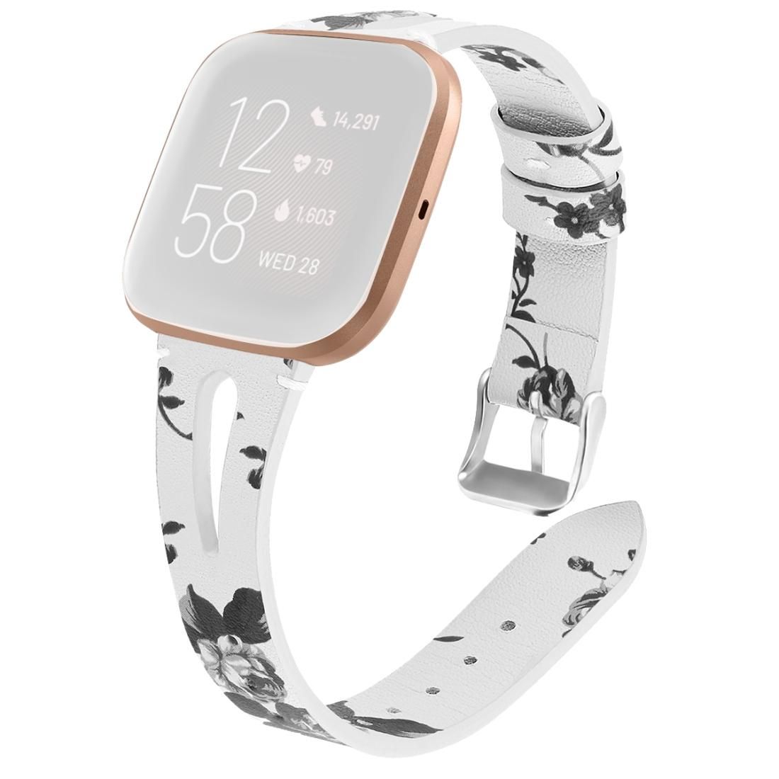 For Fitbit Versa 2 Leather Middle Opening Watch Strap (White Ash Flower)