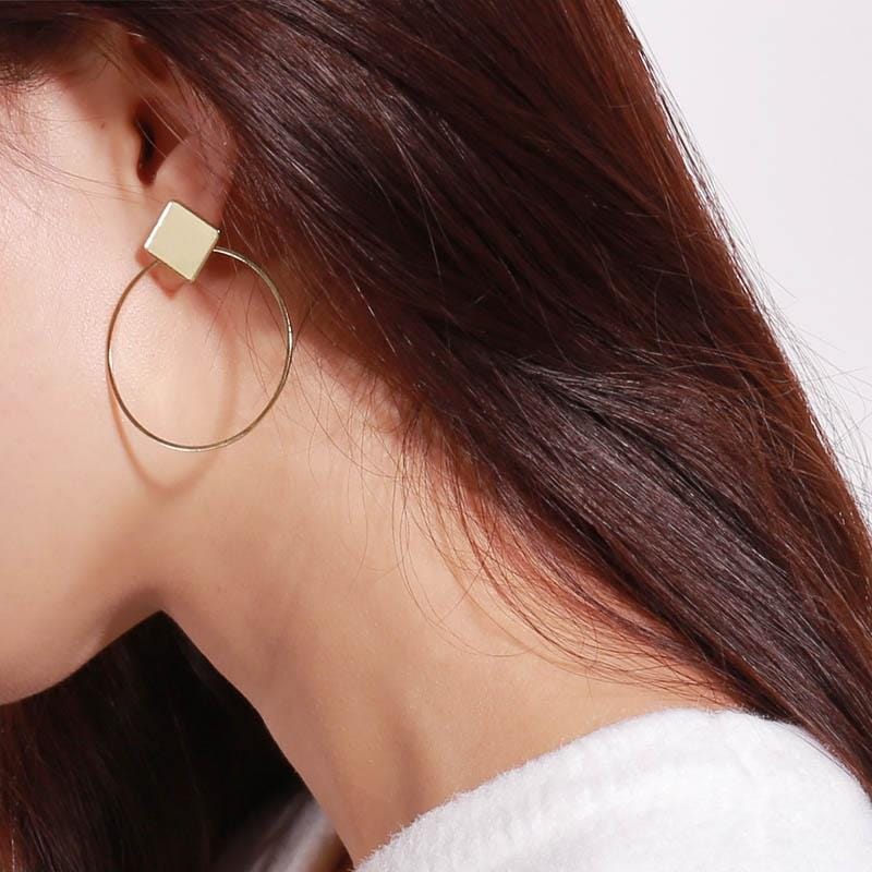 Simple Style Fashion Earrings Women Square Round Geometric Hanging Earrings (Gold)