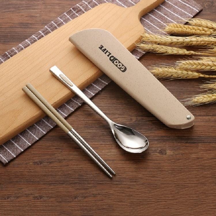 9 PCS / 3 Sets Stainless Steel Tableware Outdoor Portable Chopsticks Spoon Set (Beige)