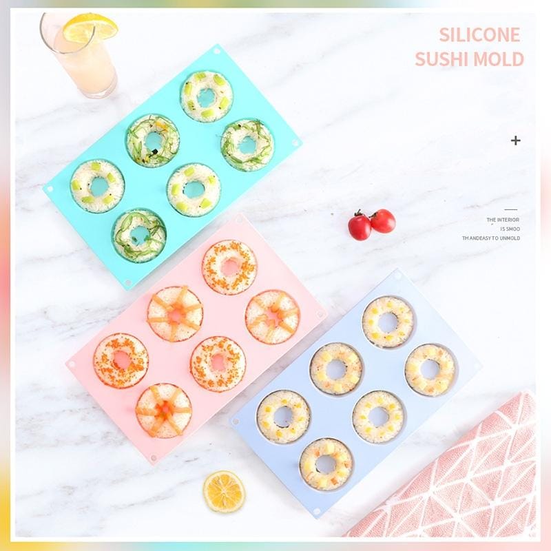 4 PCS 6 Grid Donuts Silicone Sushi Bread Mold DIY Oven Baking Tools (Light Blue )