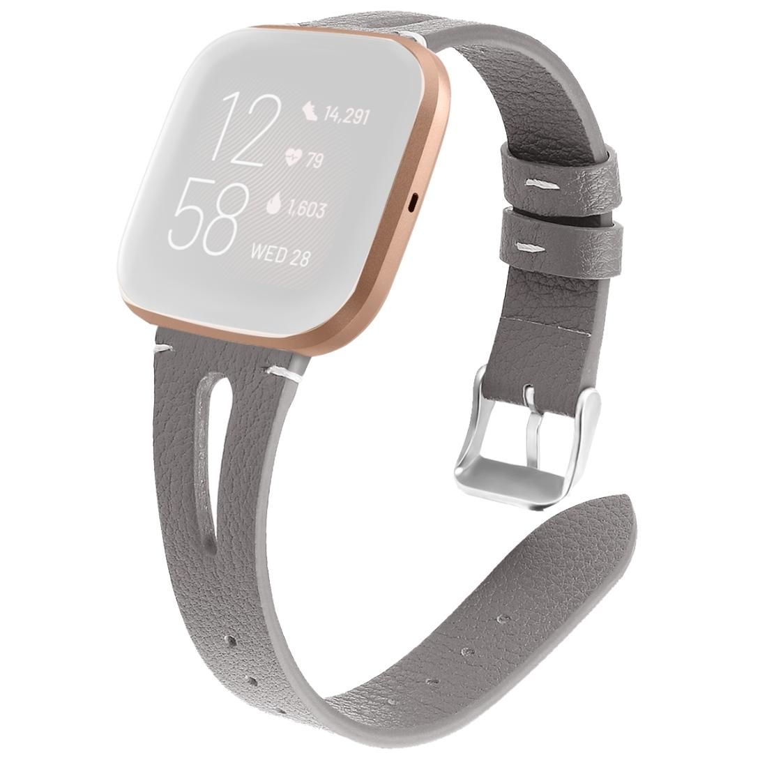 For Fitbit Versa 2 Leather Middle Opening Watch Strap (Gray)