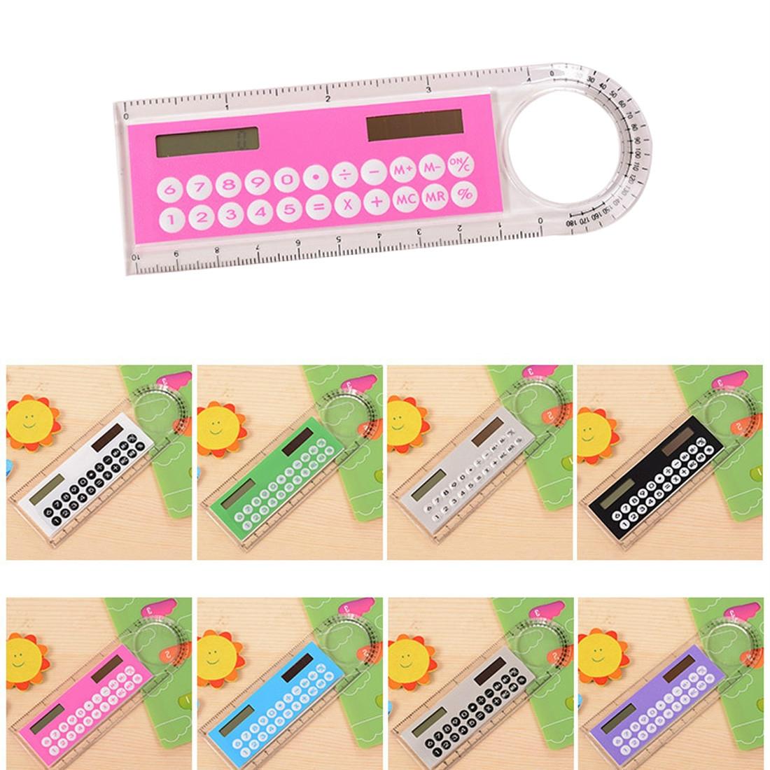 Solar Mini Calculator Magnifier Multifunction 10cm Ultra-thin Ruler Calculadora Office Supplies (Color Random Delivery)