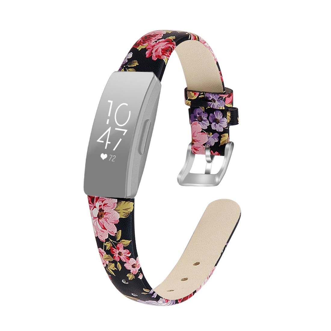 For Fitbit Inspire / Inspire HR Cowhide Leather C Type Replacement Wrist Strap Watchband, Size:L (Black Pink Flower)