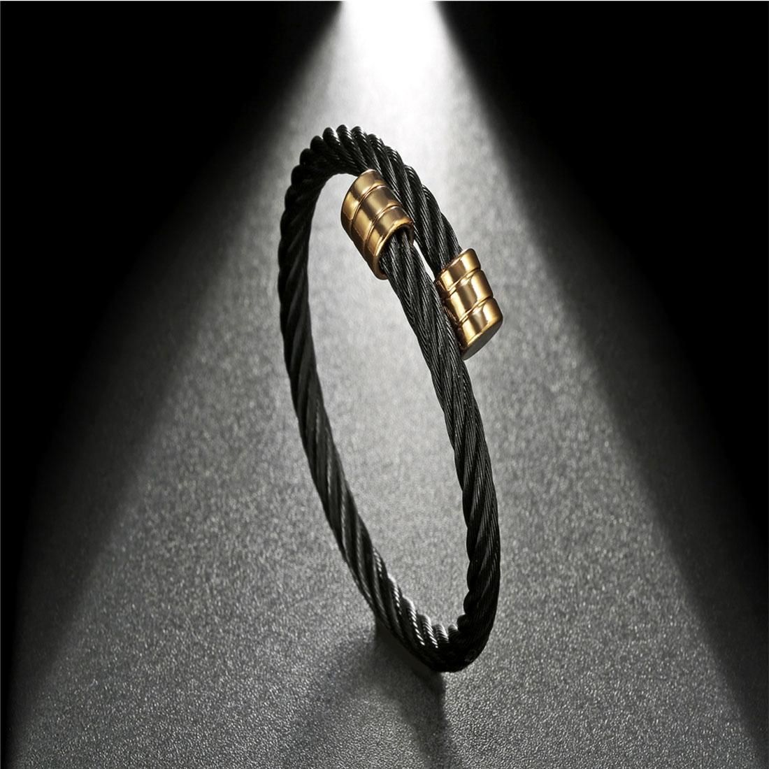 Fashion Jewelry Men Black Steel Wire Gold Heads Bracelet Classic Titanium Steel Bracelet