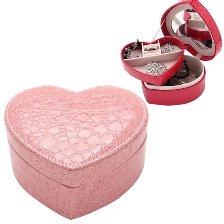 Two-layer Heart Shape Small Jewelry Box Synthetic Leather Rings and Earrings Mirrored Travel Storage Case (Pink)