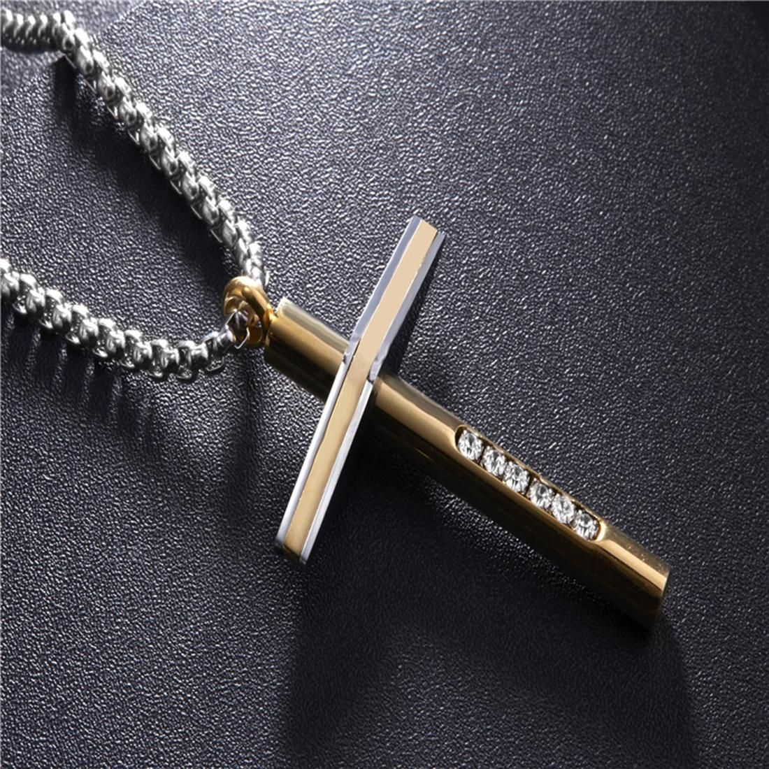 Men Fashion Jewelry Crystal Inlaid Cross Style Necklace Stainless Steel Pendant, Size: 5*3.1cm (Gold)