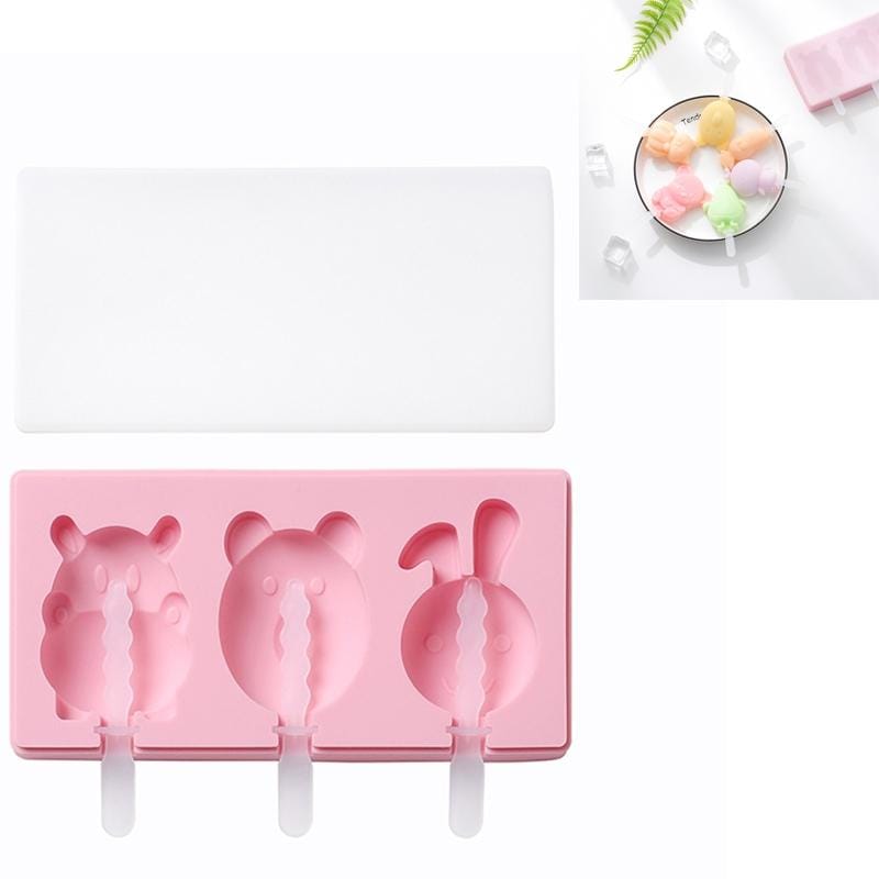 3 PCS Homemade Handmade DIY Cartoon Fruit with Lid Silicone Ice Cream Mold Making Ice Tray, Style:Hippo Bear (Pink)