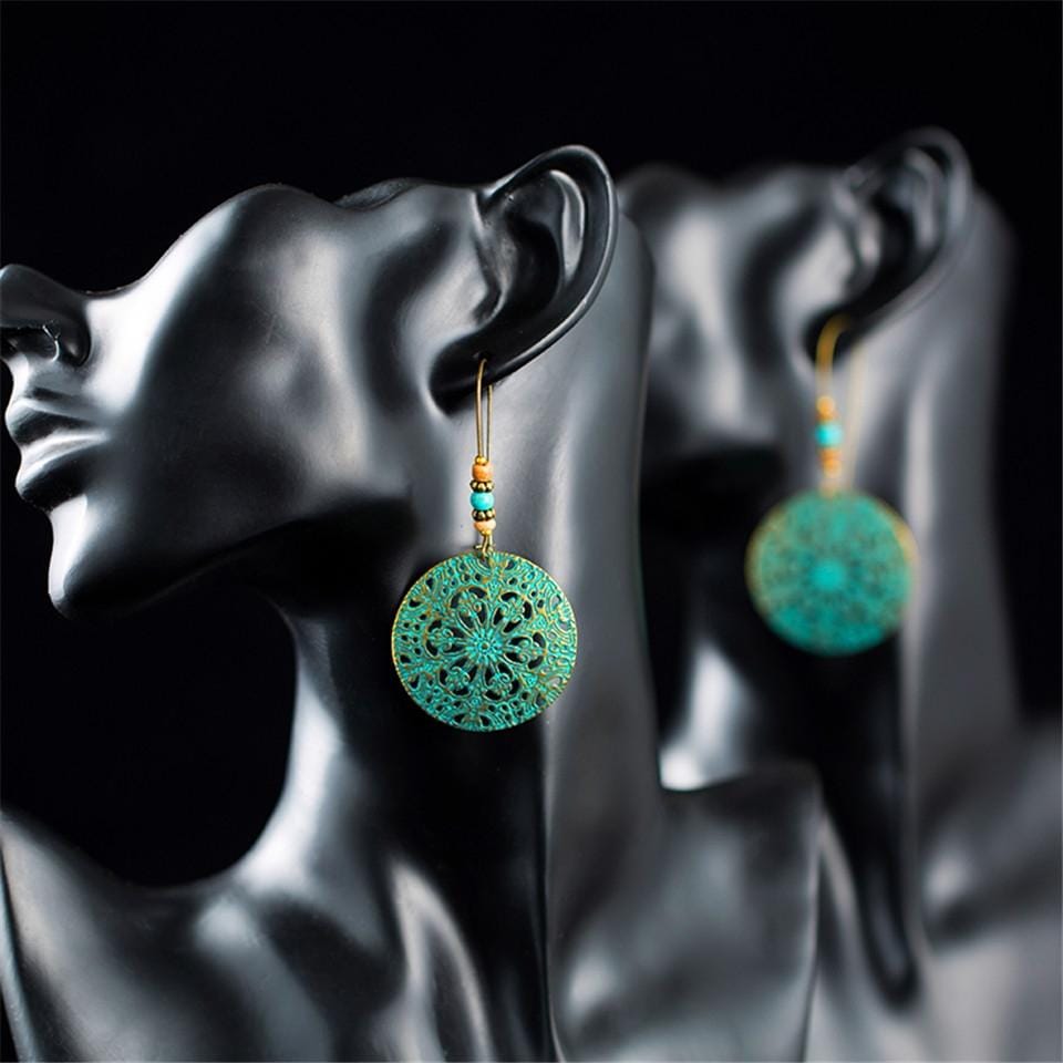 Bohemian Vintage Bronze Carved Water Drops Retro Earrings For Women (E020629)