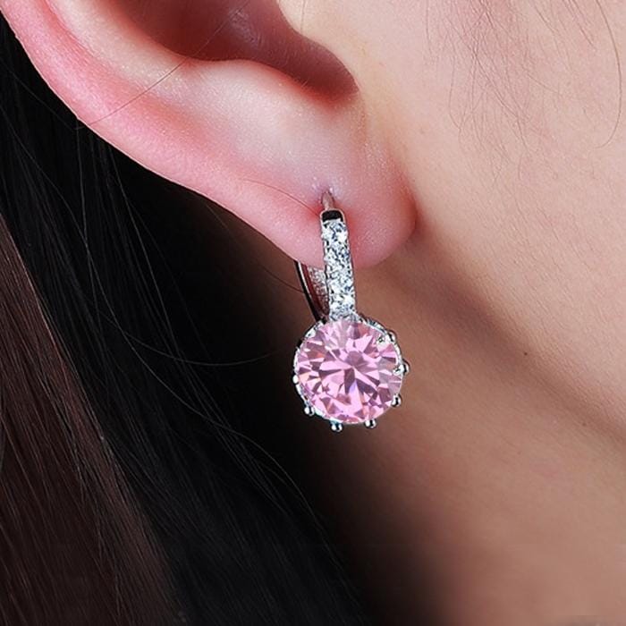 925 Sterling Silver Women Shiny Shape Micro-inserts Zircon Earrings (Pink)