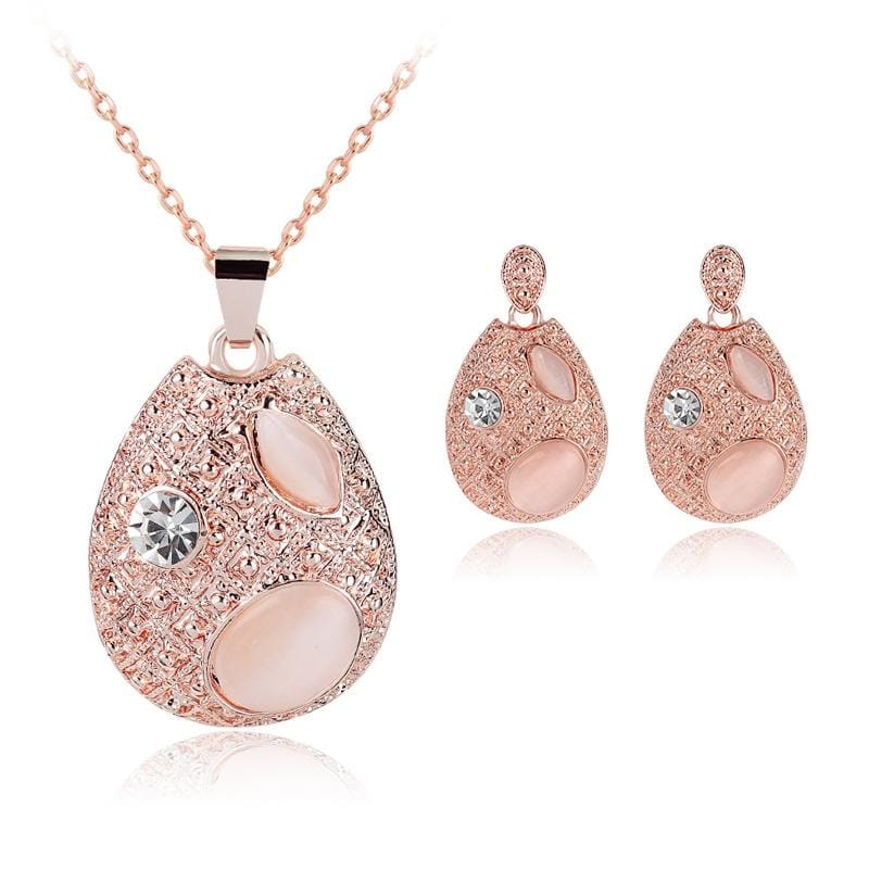 3 in 1 Women Fashion Beautiful Diamond-shape Droplet Type Necklace Earrings Jewelry Set (Rose Gold)