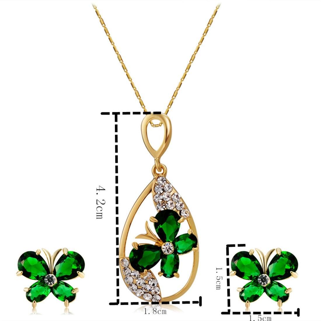 Butterfly and Water Drop Design Pendant Necklace and Earrings Set for Female, Chain Length: 44cm