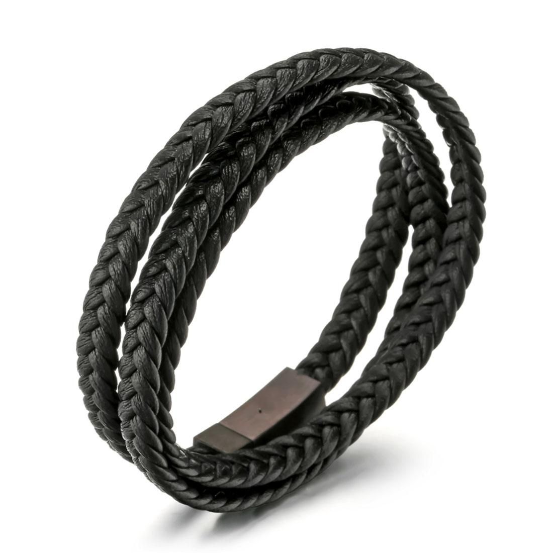 European and American Fashion Jewelry Men 3 Circles Black Genuine Leather Bracelet Classic Weave Long Style Bracelet