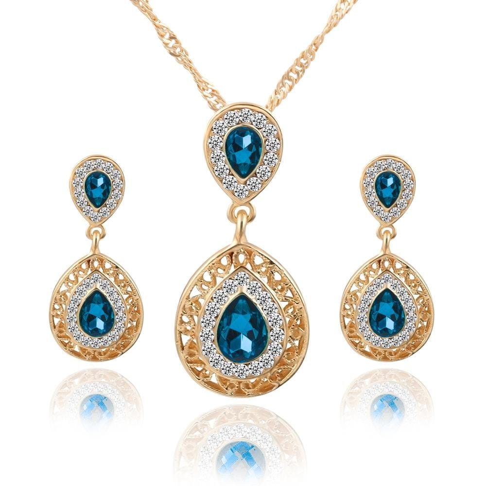 Women Crystal Water Drop Pendant Necklaces Earrings Sets (Blue)