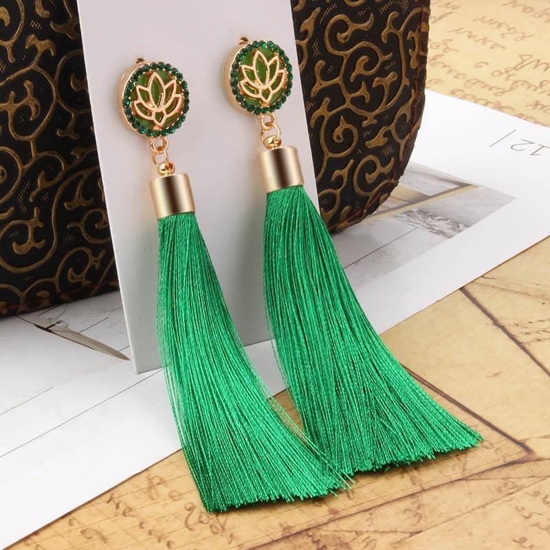 Bohemian Long Tassel Vintage Statement Drop Earrings for Women (Green)