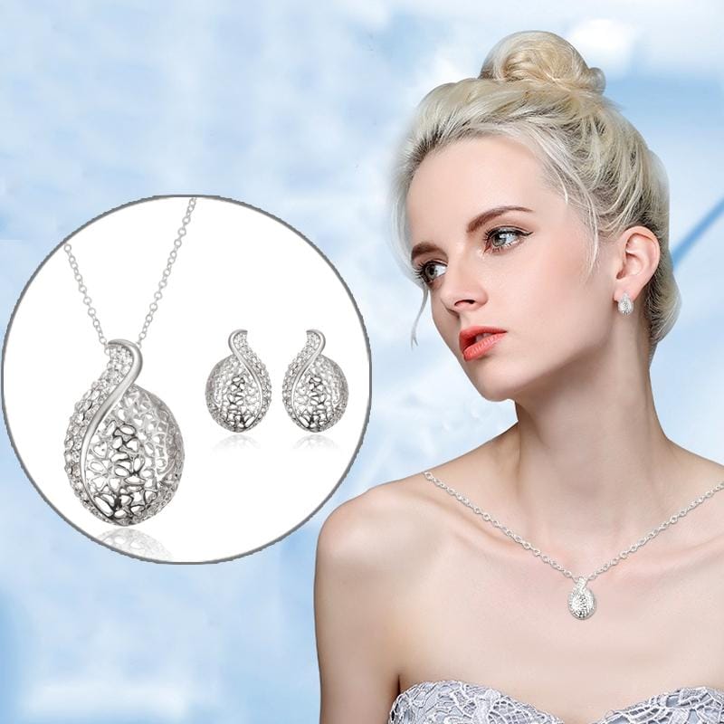 2pcs Simple Personality Lady Hollow Leaf S-line Necklace Earrings Jewelry Set (Silver)