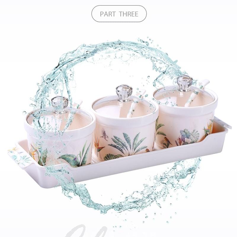 3 in 1 Seasoning Jar Set Creative Green Plant Multifunctional Kitchen Utensils with Spoon & Chassis (Creative Plants)