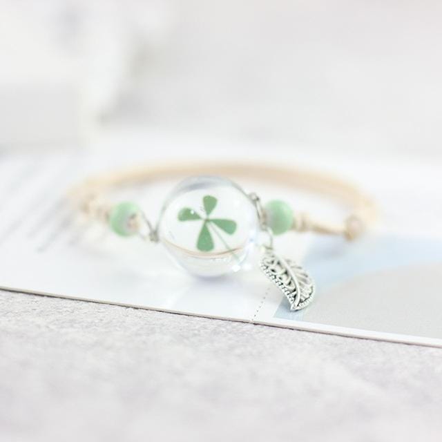 3 PCS Glass Bracelet Weave Lucky Flower Bracelets Handmade Dandelion Woven Dried Flowers Glass Beads Bracelet (Clover)