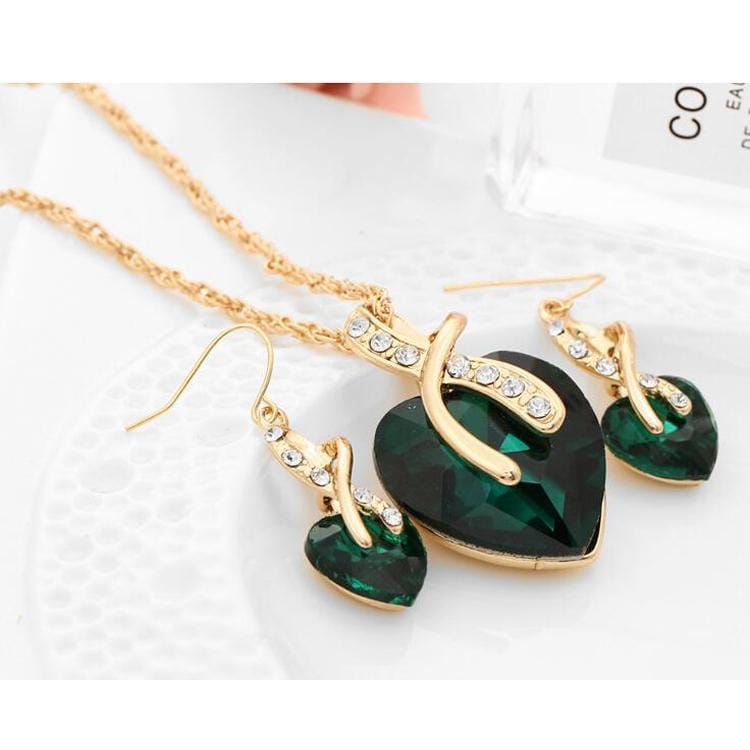 3 PCS / Set Women Heart Shaped Crystal Zircon Earring Necklace Jewelry Set (Green)