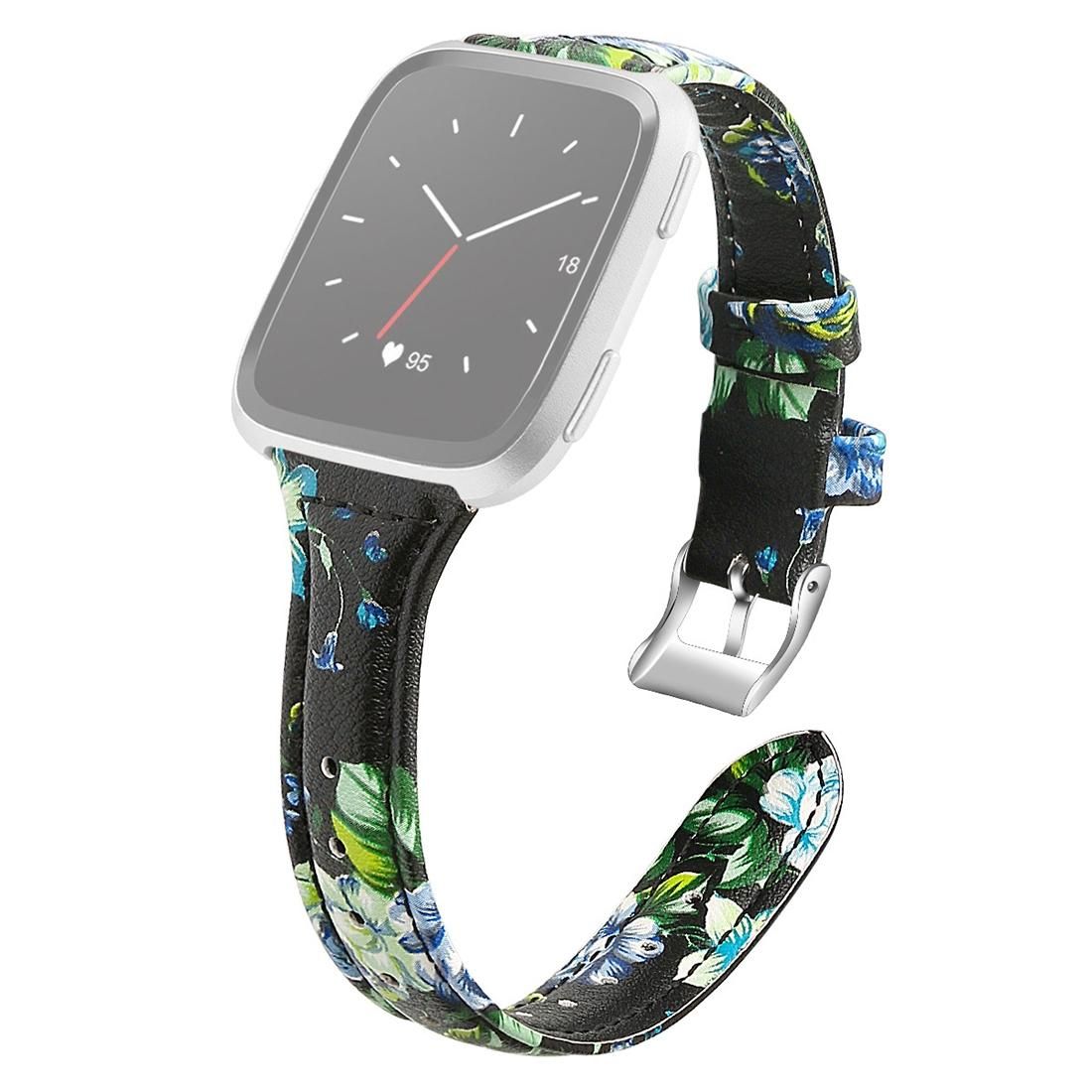 For Fitbit Versa 2 Smart Watch Genuine Leather Wrist Strap Watchband, Shrink Version (Blue Flower)