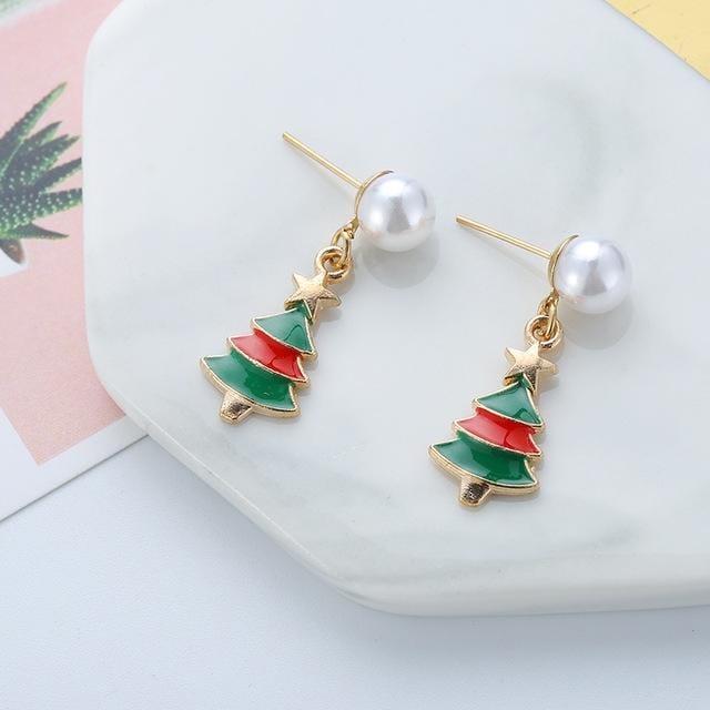 Christmas Old Man Series Long Drops Oil Tassel Bell Reindeer Cane Earrings (Christmas Tree)