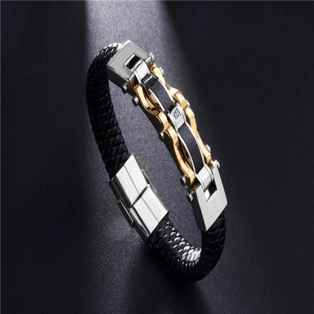 Mens Fashion Jewelry Hip-hop Punk Titanium Steel Wristband Weave Leather Bracelet, Size: 21.5cm (Gold)