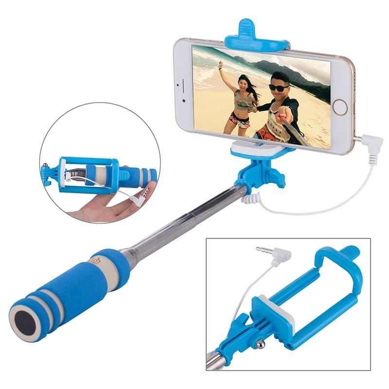 Mini Wire Controlled Selfie Stick Monopod Folding Extendable Pocket Handheld Holder for iOS & Android Phone, Folded Length: 18.5cm, Max Extension Length: 60.3cm (Blue)