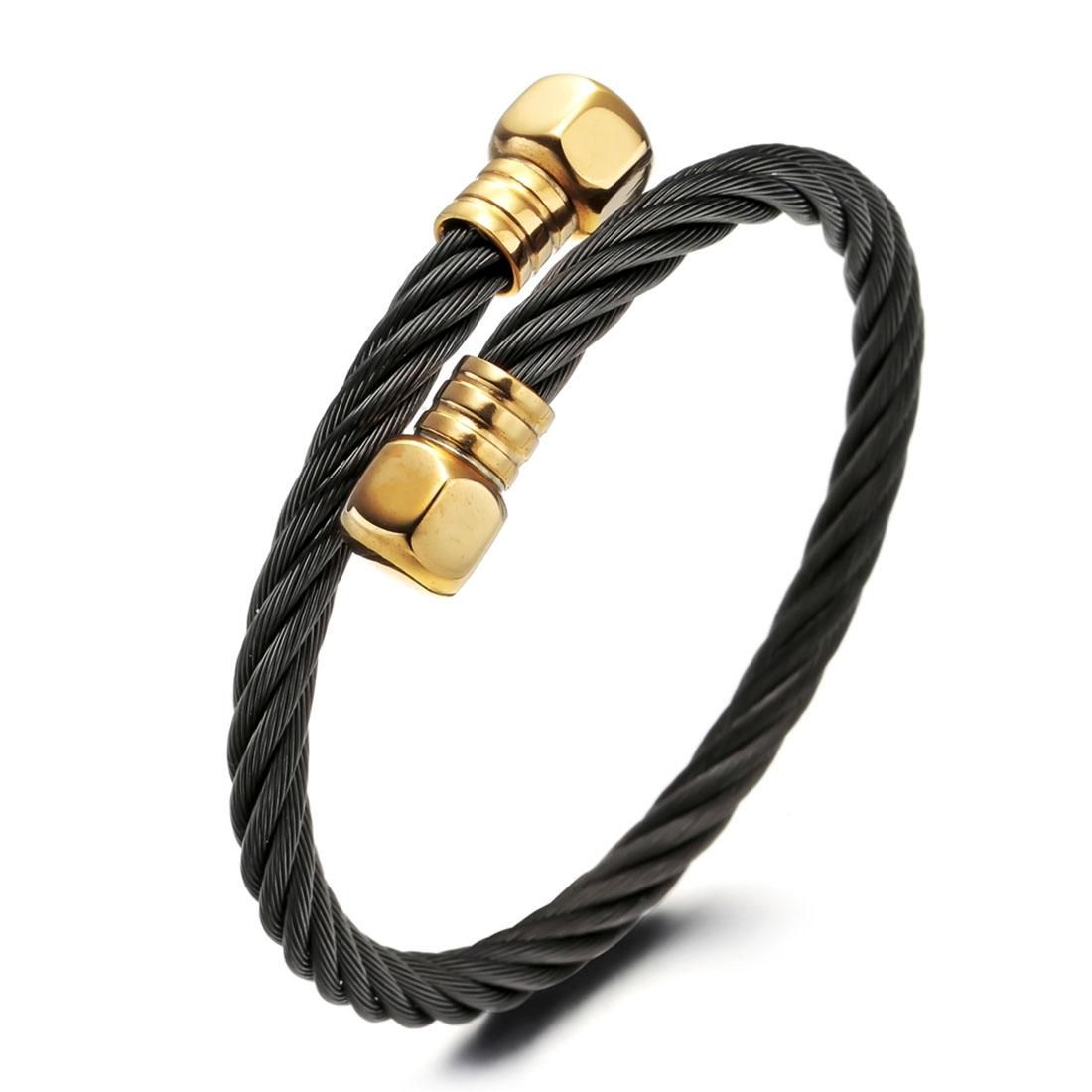 European and American Fashion Men Jewelry Titanium Steel Hand Chain Classic Black Heads Black Steel Wire Bracelet (Gold)