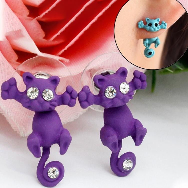 1 Pair Fashion Classic Kitten Animal Jewelry Cute Cat Stud Earrings for Girls (Purple)