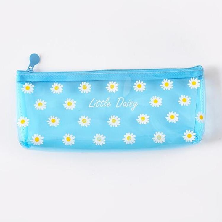 Girly Creative Small Fresh Flower Daisy Pencil Case Fashion Cute Student Stationery Bag (Blue Many Flowers)