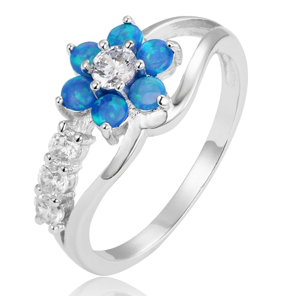 925 Silver Women Opal Flower Ring Jewelry, Ring Size:9 (Blue)