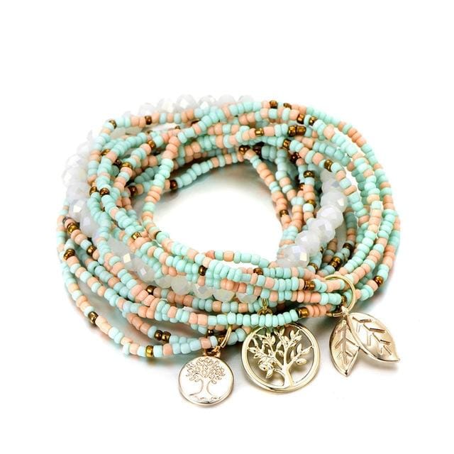 Bohemian Style Life of Tree Leaves Charm Beads Bracelets Women Multilayer Crystal Seed Bead Bracelet (Green)