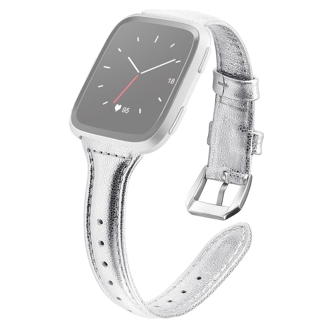 For Fitbit Versa 2 Smart Watch Genuine Leather Wrist Strap Watchband, Shrink Version (Silver)