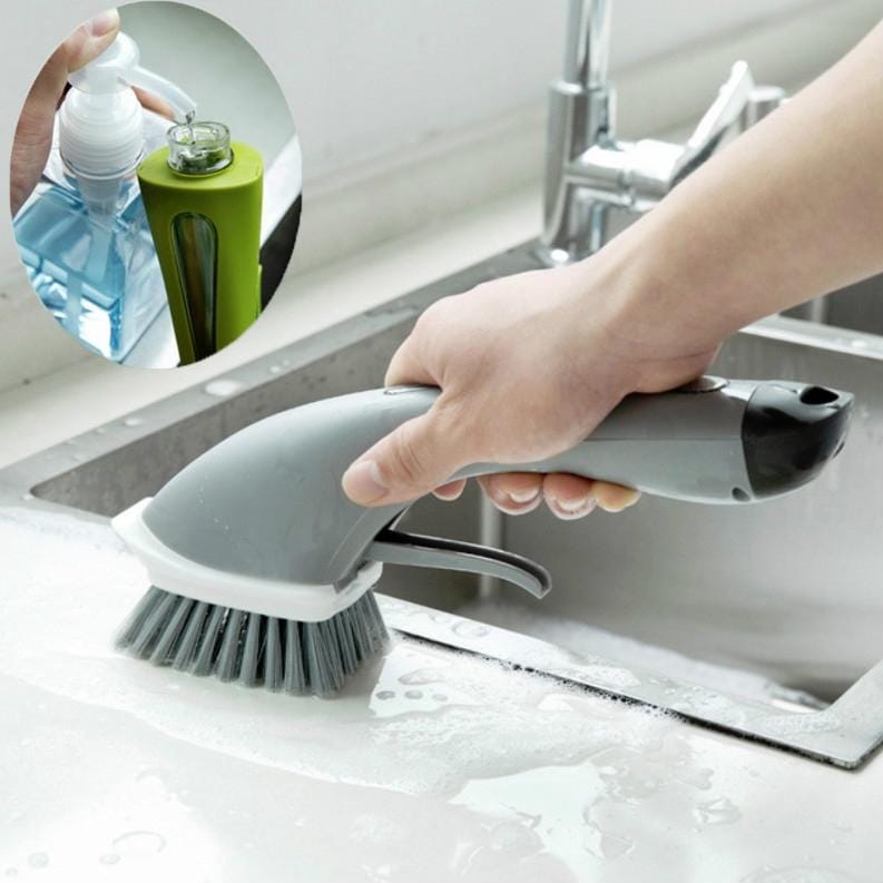 Long Handle Pot Brushes Automatically Add Dishwashing Detergent Tiles Water Spray Cleaning Brushes (Gray)