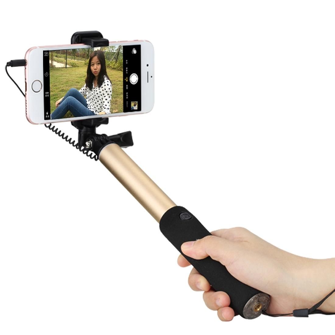 ROCK ROT0716 Portable Wire Control Selfie Stick Monopod Folding Extendable Handheld Holder with Mirror for iOS & Android Phone, Folded Length: 24.5cm, Max Extension Length: 90cm (Gold)