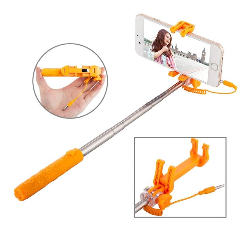 Portable Flower Pattern Wire Controlled Selfie Stick Monopod Folding Extendable Handheld Pocket Holder for iOS & Android Phone, Folded Length: 12.5cm, Max Extension Length: 70.0cm (Orange)